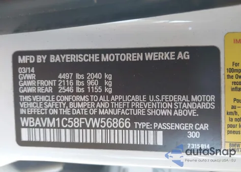 2015 BMW X1 Sdrive28I z USA, uszkodzony, nr VIN WBAVM1C58FVW56866